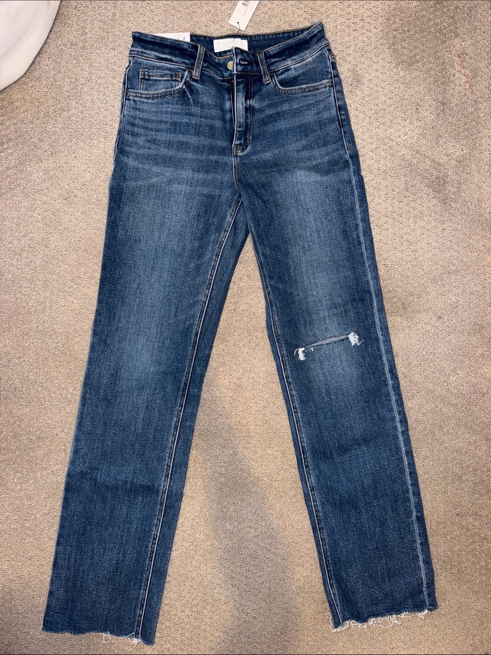 Classic Dark Blue Straight-Leg Women's Jeans with Subtle Distress